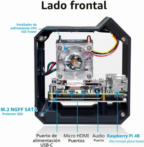 Vista 4 de GeeekPi Kit NAS de mini torre para Raspberry Pi, enfriador de torre PI ICE con ventilador PWM RGB, placa de expansión M.2 SATA SSD, placa