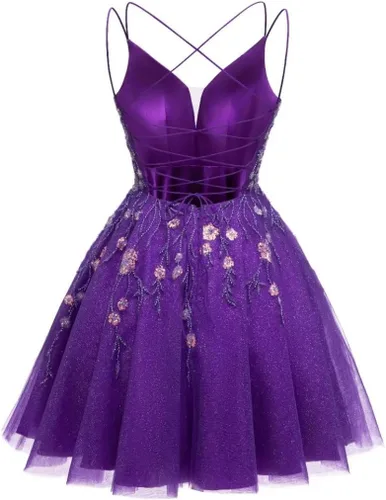 Vista 2 de Vestidos de tul con apliques de encaje, vestido corto de lentejuelas brillantes, tirantes delgados, cuello en V, vestidos de cóctel