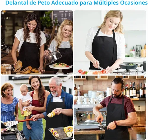 Vista 2 de Delantal ajustable con peto, impermeable, con 2 bolsillos, correa para el cuello y corbata extra larga, delantales de cocina unisex