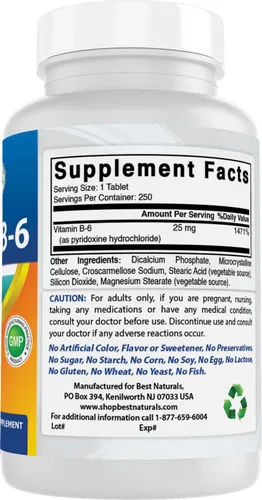 Vista 6 de Best Naturals Vitamina B-6 Tabletas de 25 Mg, 250