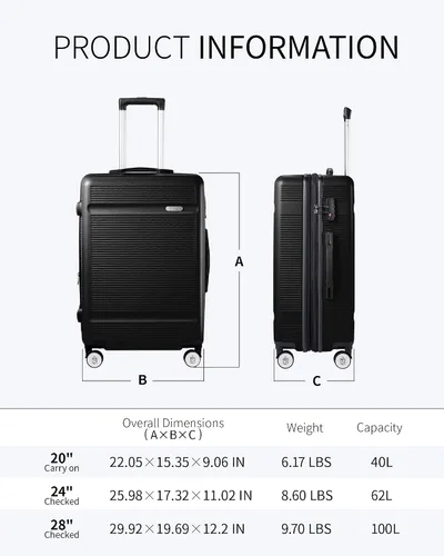 Vista 8 de Zitahli Luggage Set - 3 Pieces Luggage Sets Expandable - Hard Case Luggage - Spinner Wheels Suitcase with TSA Lock - YKK Zippers Suitcase Sets