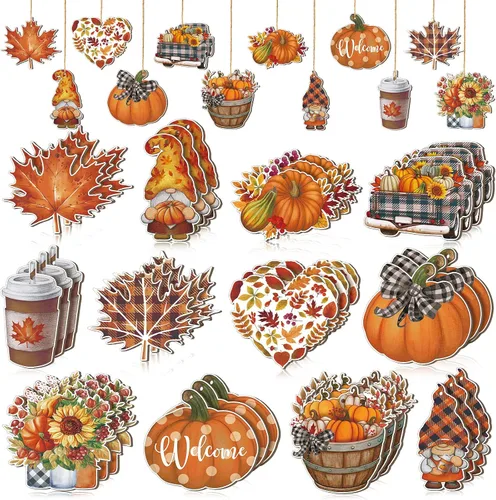 Vista 10 de FairySandy 36 piezas de decoración y adornos de árbol de otoño, gnomos de Acción de Gracias, adornos colgantes de madera, calabazas, hojas, flores