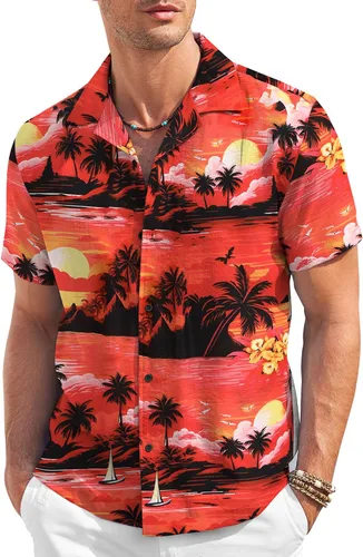 Vista 7 de COOFANDY Camisa casual con botones para hombre, manga corta, texturizada, para verano, para playa cubana