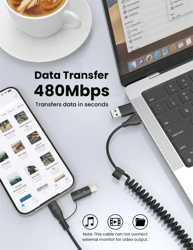 Vista 7 de Paquete de 2 cables USB-C y Lightning en espiral 2 en 1, cable de carga para iPhone 17 16 15 de 3 pies, cable de carga rápida de 60 W para iPhone