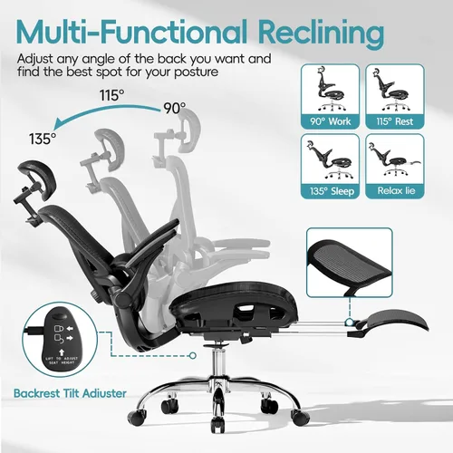 Vista 3 de Alllion Silla de oficina ergonómica de malla, silla de escritorio para el hogar cómoda con respaldo alto, soporte lumbar ajustable, reposacabezas
