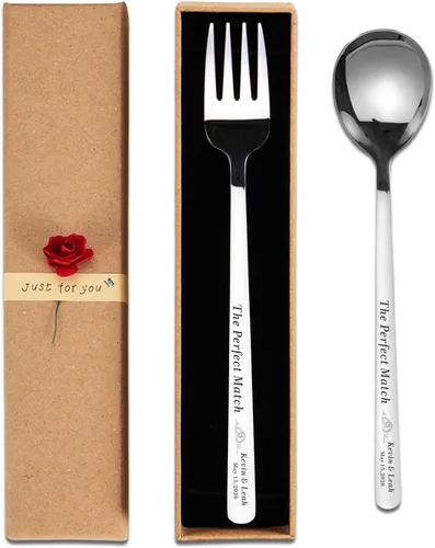Vista 10 de Juego de cuchara y tenedor de acero inoxidable con nombre personalizado para parejas, utensilios de metal grabados personalizados para helado, café