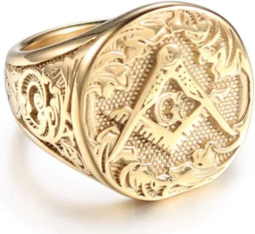 Vista 3 de IFUAQZ Anillos de acero inoxidable bañados en oro masónico masón para hombre, joyería clásica de Master Mason, Metal, Sin piedras preciosas