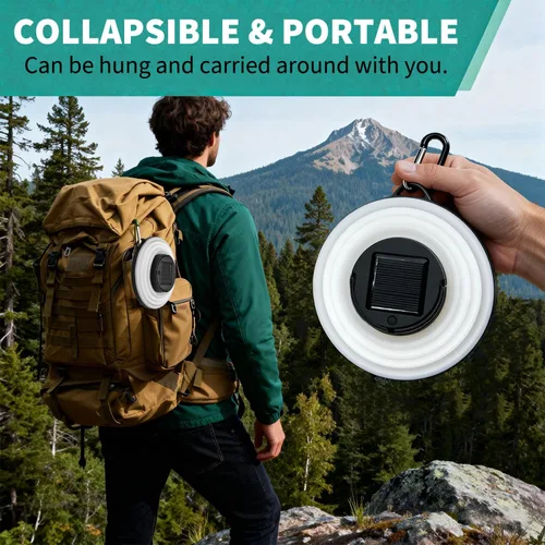 Vista 5 de Paquete de 2 luces solares plegables para camping, LED, portátil, USB, multicolor, 6 modos de color, lámpara impermeable para huracanes, cortes