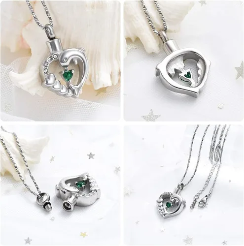 Vista 3 de Yinplsmemory Collar de urna de corazón de delfín para cenizas para mujer, colgante de urna de corazón de cristal, collar de recuerdo de cenizas