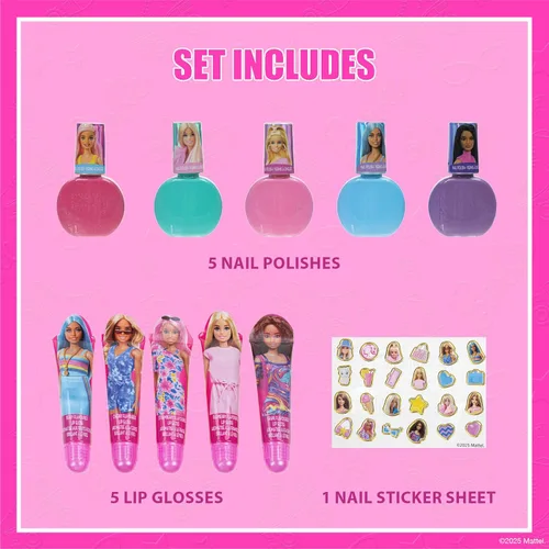 Vista 2 de Barbie - Juego de maquillaje con brillo de labios y esmalte de uñas, 11 piezas, a partir de 3 años