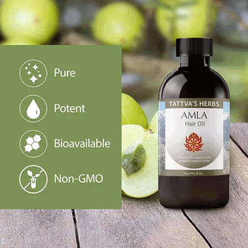 Vista 4 de Tattva's Herbs Aceite Amla para el crecimiento del cabello y tratamiento del cuero cabelludo, aceite indio prensado en frío y sin refinar, botella