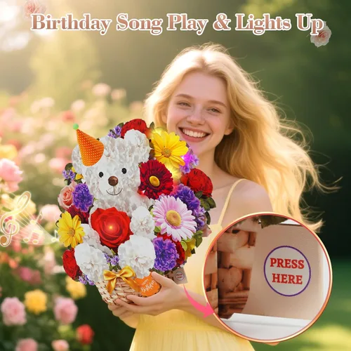 Vista 2 de MZD8391 Tarjetas de cumpleaños con música y luces, tarjeta de feliz cumpleaños, oso y margarita, ramo de flores de tamaño natural de 10 pulgadas