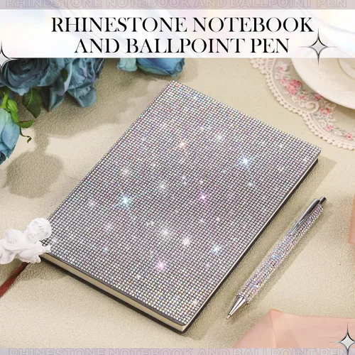 Vista 4 de Kosiz Juego de 2 bolígrafos de diamantes de imitación, bolígrafos de cristal, cuaderno plateado brillante A5, accesorios de oficina, suministros