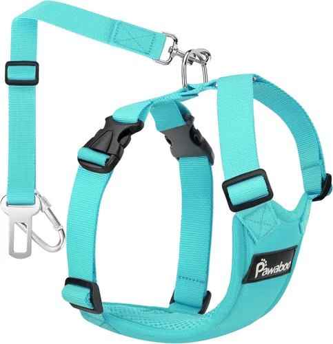 Vista 11 de Pawaboo Arnés de cinturón de seguridad para perro, arnés de automóvil con clips dobles, chaleco ajustable transpirable para mascotas y correa