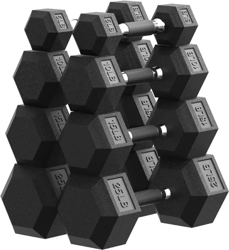 Vista 13 de PAPABABE Juego de mancuernas hexagonales de 45 a 550 libras, mancuernas de gimnasio en casa con revestimiento de goma, mancuernas para mujeres