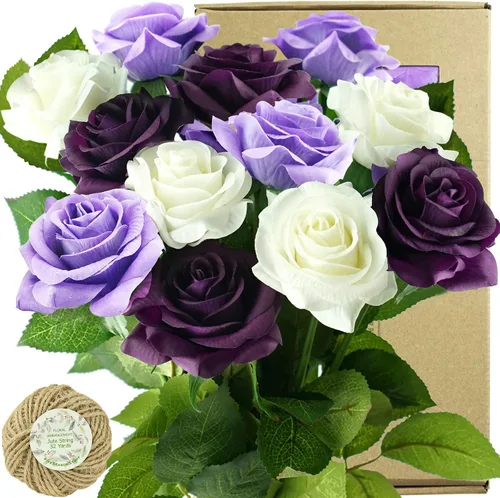 Vista 22 de FiveSeasonStuff 12 tallos de flores artificiales azul hielo, rosas de seda de tacto real para decoración de boda, en caja de regalo Azul helado
