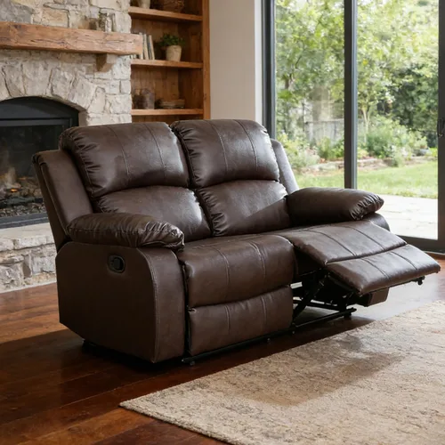 Vista 8 de Sofá reclinable de cuero, juego de muebles de sofá biplaza reclinable manual de 2 asientos, moderno sofá biplaza reclinable con reposabrazos