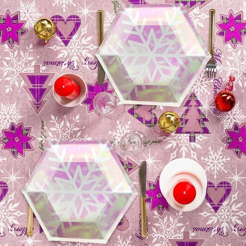 Vista 3 de Platos de Navidad con copos de nieve, platos desechables de papel rosa iridiscente con purpurina hexagonal temática de nieve, suministros de fiesta