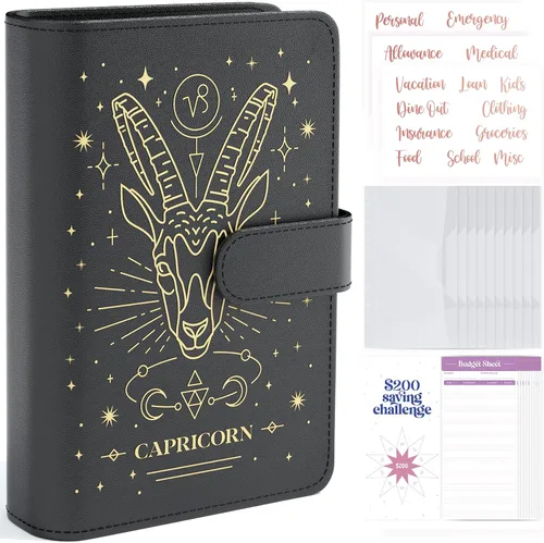 Vista 7 de SOUL MAMA Carpeta de presupuesto del zodíaco con sobres de efectivo para presupuestos – Carpeta A6 negra Acuario, organizador de dinero para carpeta