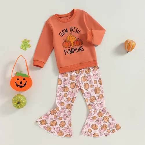 Vista 37 de Traje de Halloween para bebé niña, manga larga, cuello redondo, letras de fantasma, parte superior con estampado de fantasma, parte inferior