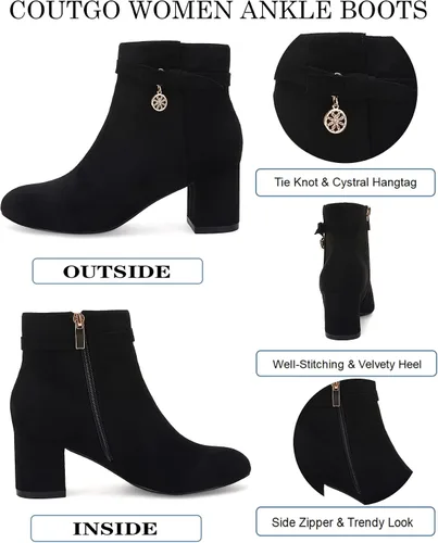 Vista 2 de Coutgo Botines para mujer, tacón bajo grueso, estilo vintage, con nudo de lazo, con cremallera lateral