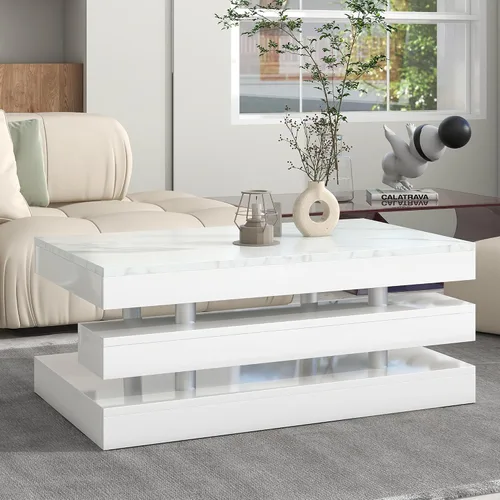 Vista 11 de LUMISOL Mesa auxiliar rectangular de 2 niveles con vidrio templado, moderna mesa de cóctel con superficie UV de alto brillo, mesa central de diseño