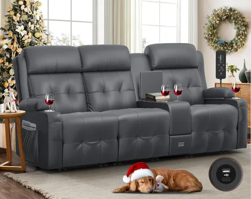 Vista 12 de Sofá reclinable, sofá reclinable con masaje de 3 plazas con gran capacidad de peso, sofá de dos plazas para RV con espacio libre con consola, USB