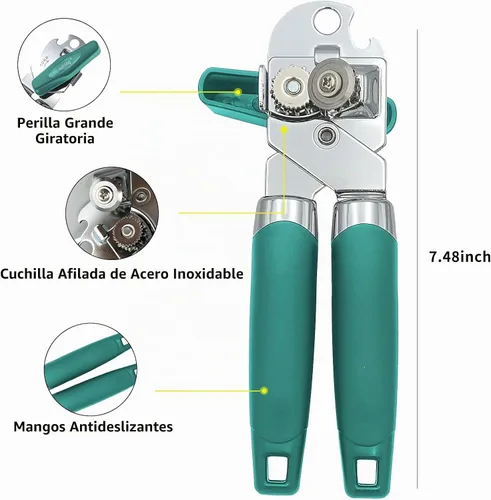 Vista 3 de Safring Abrelatas manual, de mano de acero inoxidable resistente y resistente, mango cómodo, borde liso de hoja afilada, abrelatas con abrebotellas