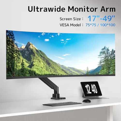 Vista 2 de PUTORSEN Brazo de monitor ultraancho de 17-49 pulgadas, hasta 44.1 lbs, brazo de monitor resistente, soporte de monitor de aluminio premium