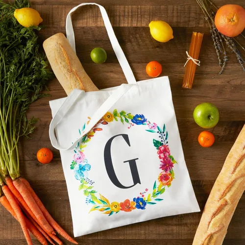 Vista 2 de Juego de 2 bolsas reutilizables personalizadas con monograma para mujer, diseño floral (29 pulgadas)