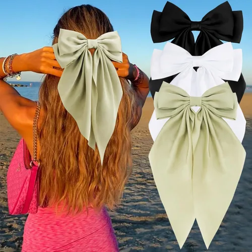 Vista 12 de Velscrun Lazos para el cabello para mujeres y niñas, 3 unidades, lazo blanco, lazo negro, azul marino, lazos grandes para el cabello con clip, lazos