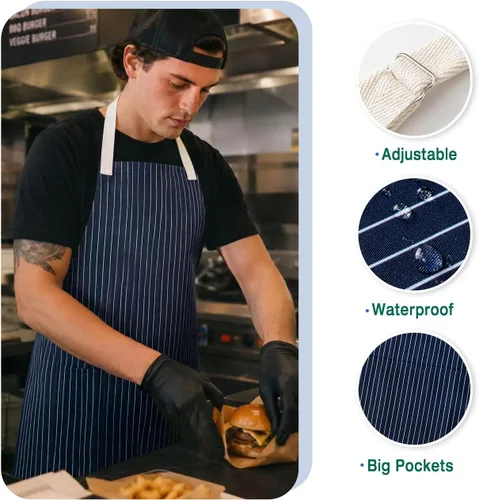 Vista 4 de Adjustable Bib Apron for Women Men, 80% Cotton Striped Cooking Apron with Large Pocket, Water Repellent