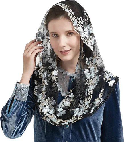 Vista 2 de Encaje Capilla Velo Mantilla Infinity Veil Multicolor Bordado Cherry Blossom Style Latin Mass M7