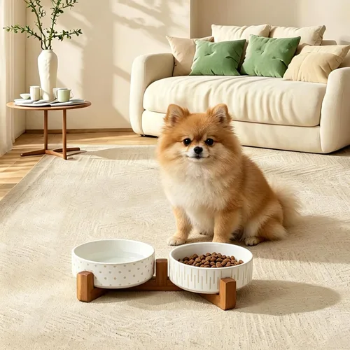 Vista 3 de Juego de cuencos de cerámica para perros con soporte de madera
