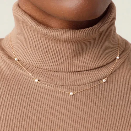 Vista 2 de Collar de estación de perlas de oro real de 14 quilates para mujer, gargantilla de cuentas de oro de 14 quilates, collar de perlas por yarda