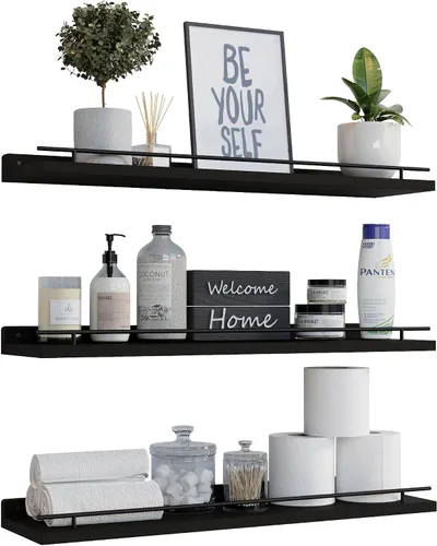 Vista 10 de WOPITUES Estantes flotantes con barandilla de metal negro, estantes para decoración de pared, juego de 3, estantes de pared para dormitorio, baño