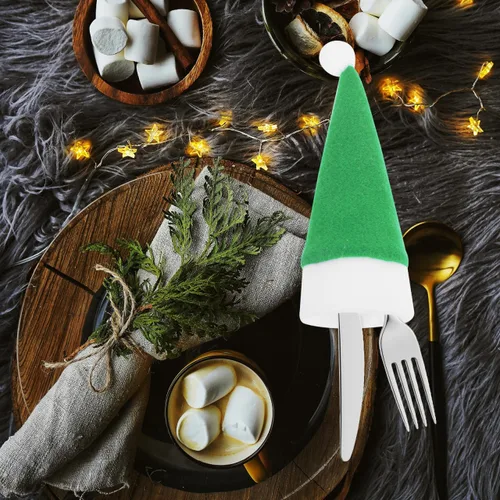 Vista 9 de Angoily 10 piezas de mini sombreros de Papá Noel de Navidad, soportes para cubiertos con bolsillos, tapas de botellas de vino, tapas de piruleta
