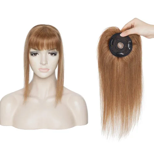 Vista 18 de MY-LADY Top Hairpieces para mujer con flequillo, base mono natural, 100% cabello humano real, clip en pieza de cabello lacio en medio para pérdida
