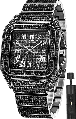 Vista 14 de Gosasa Reloj de Moda Hip Hop para Hombre, con Detalles de Cristal, Reloj Bling Bling, Caja Rectangular, Correa de Pulsera de Acero Inoxidable, Reloj
