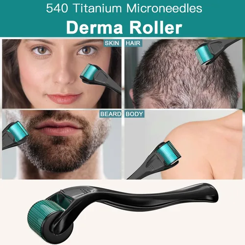 Vista 3 de Derma Rodillo de barba con 540 microagujas de titanio diseñado para su uso en casa en la cara