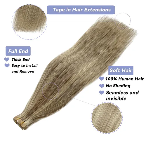 Vista 2 de Extensiones de cabello humano rubio con cinta, reflejos rubio ceniza y rubio platino, extensiones de cabello rubio platinado, cinta adhesiva