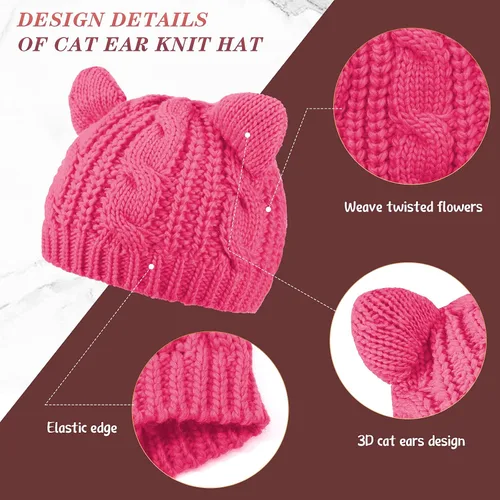 Vista 6 de SATINIOR Lindo gorro de punto con orejas de gato, gorro de punto de invierno para mujeres y niñas