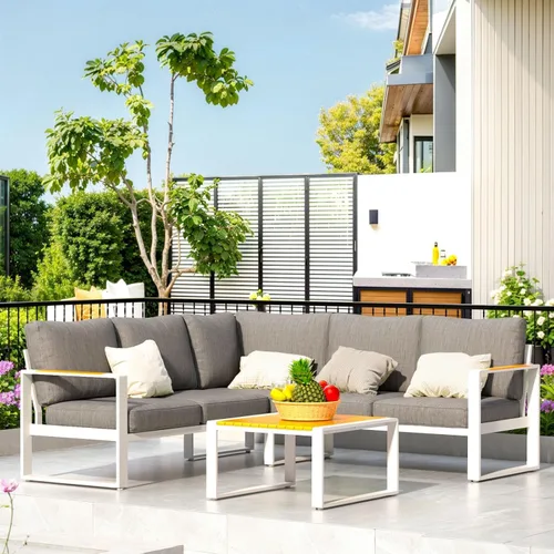Vista 10 de Juego de muebles de aluminio para patio, sofá modular para todo tipo de clima, juegos de conversación de patio en forma de L, sofá esquinero