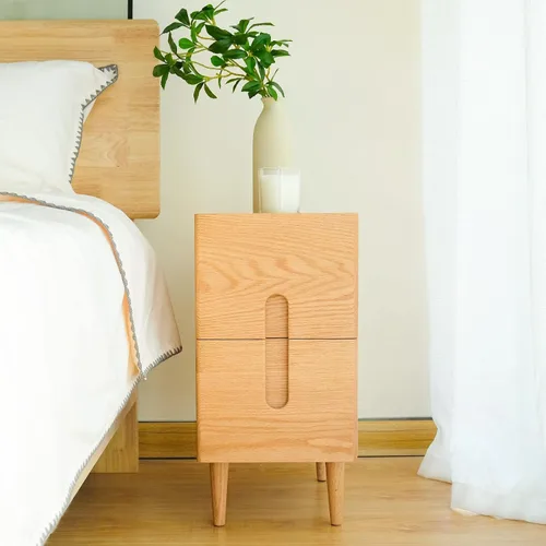 Vista 9 de Mesita de noche moderna de mediados de siglo, mesita de noche estrecha, mesa auxiliar minimalista para dormitorio, mesas de noche de 2 cajones