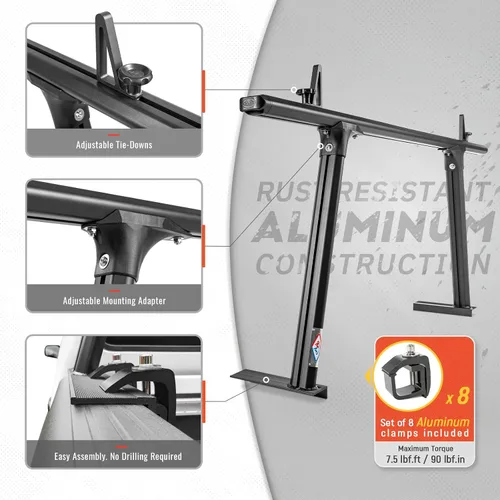 Vista 3 de Modelo APX25-Lite Soporte de Escalera de Aluminio Extensible para Camión Soporte de Escalera Ajustable para Camioneta (No Requiere Perforación)