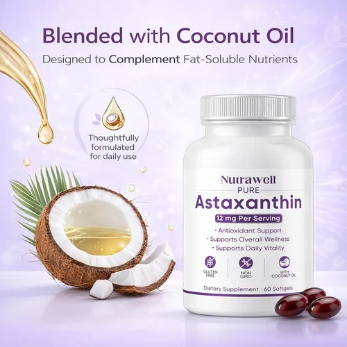 Vista 3 de NutraWell Astaxantina 12 mg, con aceite de coco, suplemento de apoyo antioxidante, sin OMG, sin gluten, 60 cápsulas blandas