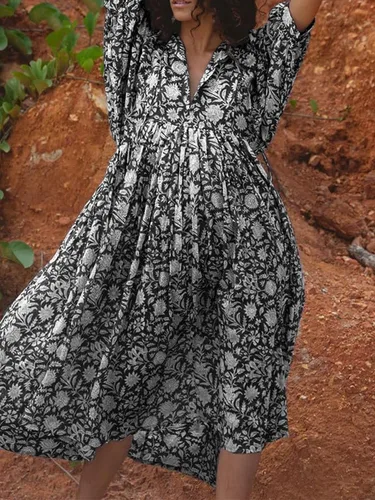 Vista 4 de Vestido largo bohemio con cuello en V profundo y mangas abombadas para mujer, estilo casual, floral, de gasa, escalonado, con vuelo, para fiesta