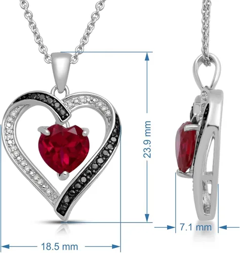 Vista 2 de Jewelili Collar con colgante de plata de ley con rubí creado en corazón de 0.315 in y diamantes redondos negros y blancos naturales tratados, 110