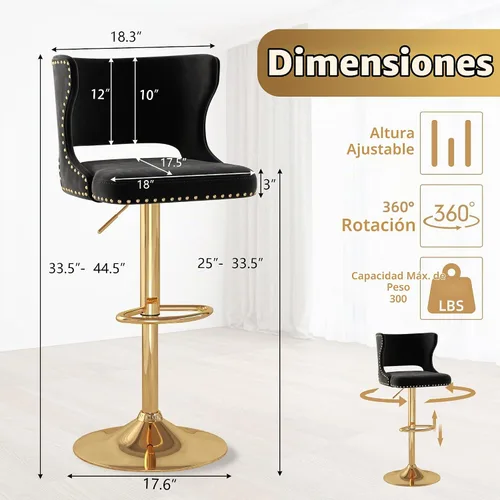 Vista 3 de Westice Juego de 2 taburetes de bar, taburetes de altura de mostrador para isla de cocina con base dorada ajustable, modernas sillas de bar