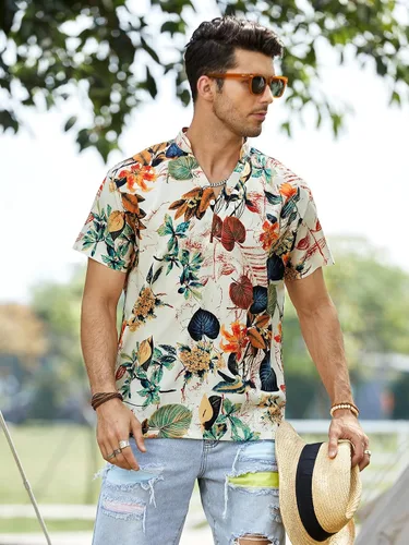 Vista 5 de Floerns Camisa de playa hawaiana de manga corta con botones para hombre